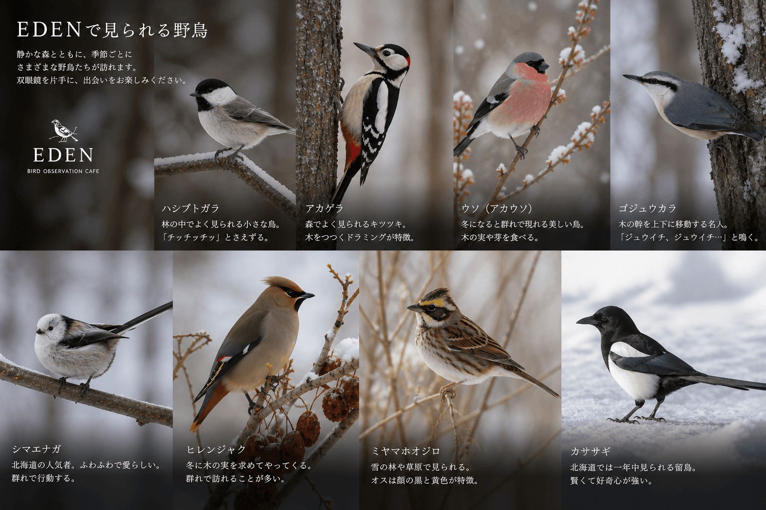 EDEN で見られる野鳥 — ハシブトガラ・アカゲラ・ウソ・ゴジュウカラ・シマエナガ・ヒレンジャク・ミヤマホオジロ・カササギ