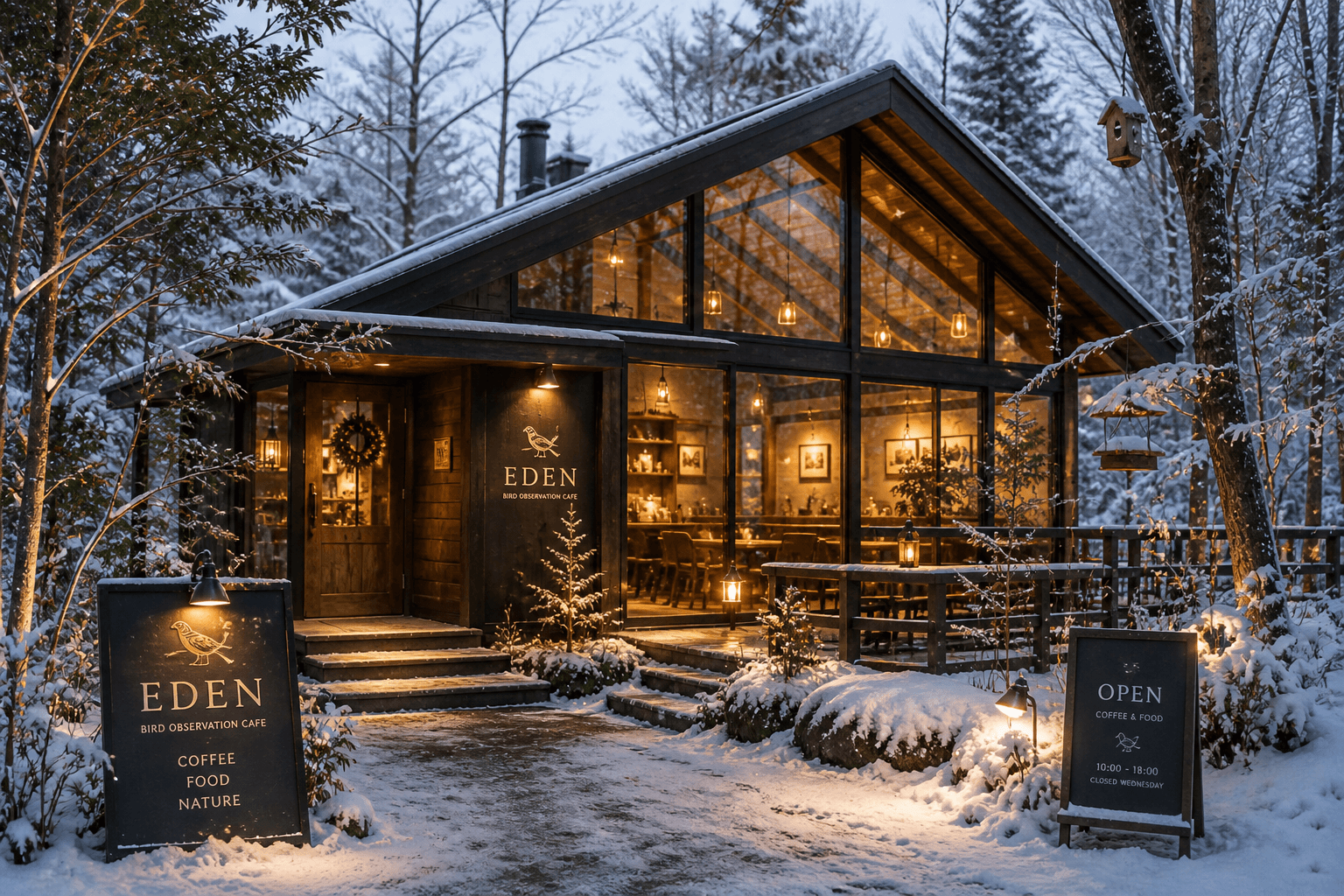 EDEN — 雪景色の森に佇む、昼の店舗外観
