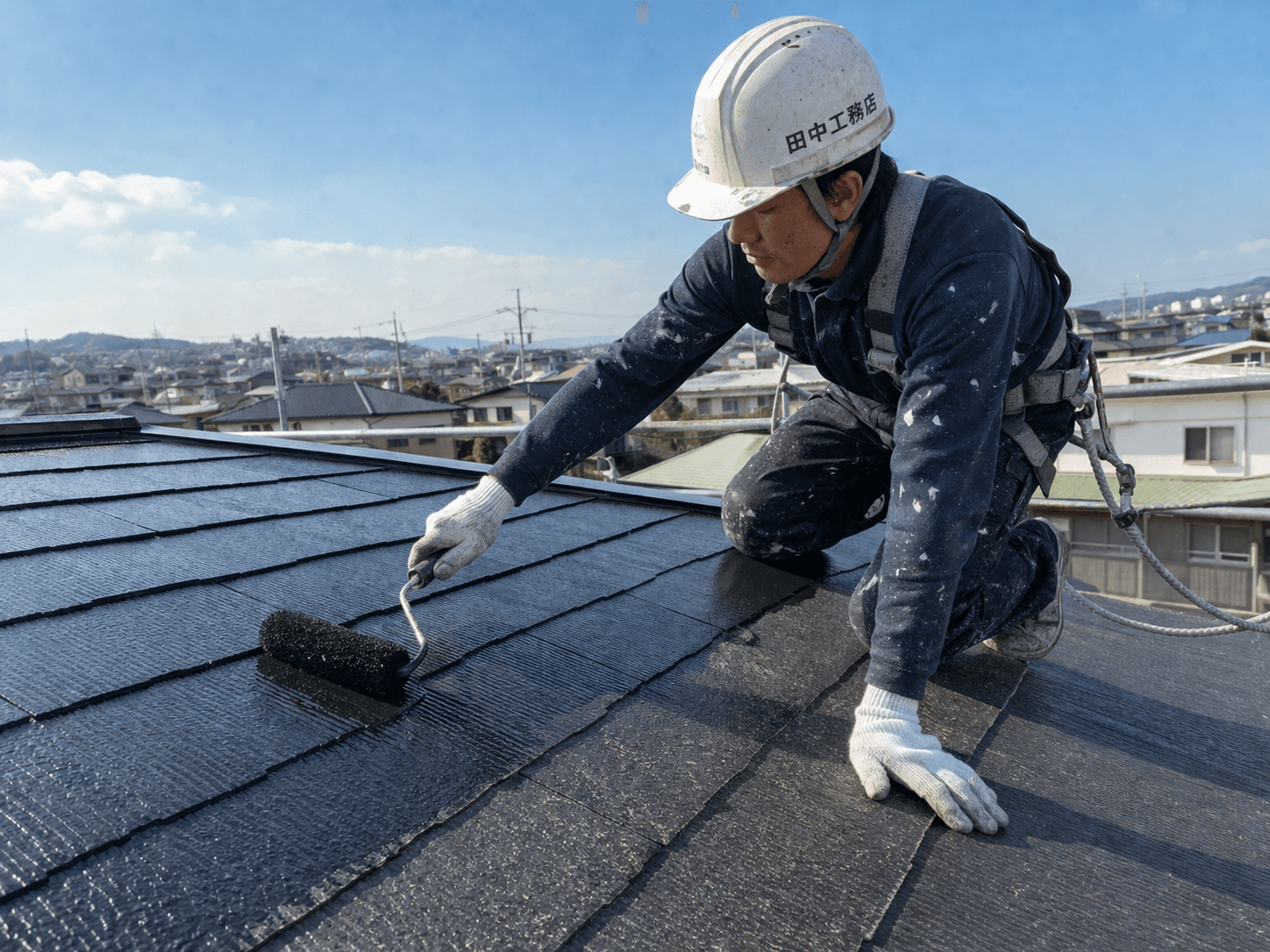 屋根塗装作業 — ローラーで丁寧に塗る職人