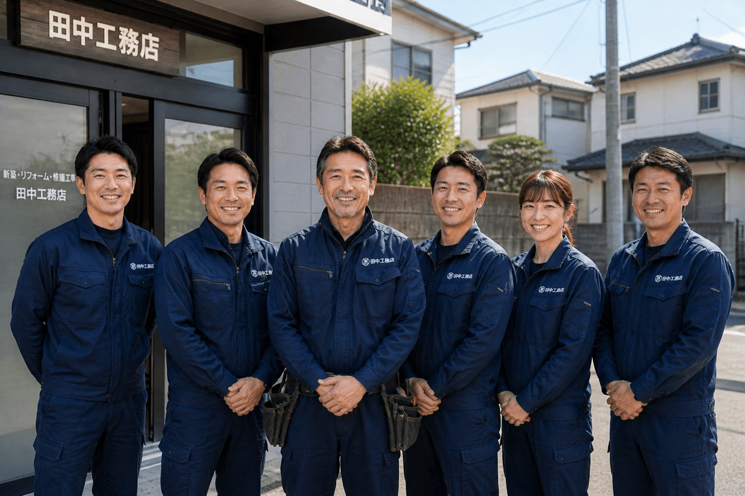 田中工務店 — 事務所前で集合する職人とスタッフ